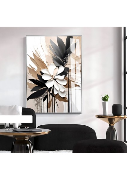 Harikabirev|siyah-Bej-Beyaz Çiçek Modeli |çerçeveli Temperli Cam Tablo Tekli Dikey