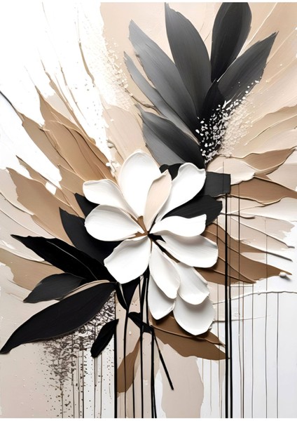 Harikabirev|siyah-Bej-Beyaz Çiçek Modeli |çerçeveli Temperli Cam Tablo Tekli Dikey fiyatları