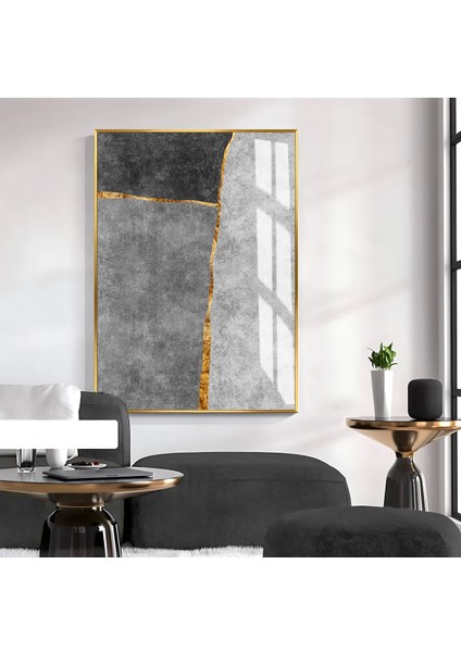 Harikabirev|soyut Gold-Siyah-Gri Elegant Desenli Model Iı |çerçeveli Temperli Cam Tablo Tekli Dikey