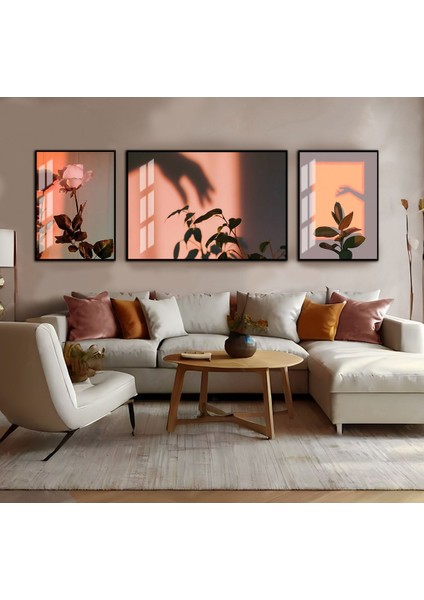 Harikabirev|soft Pembe Tonlu Renk Çiçekli Kombini |çerçeveli Temperli Cam Tablo 3lü Yatay