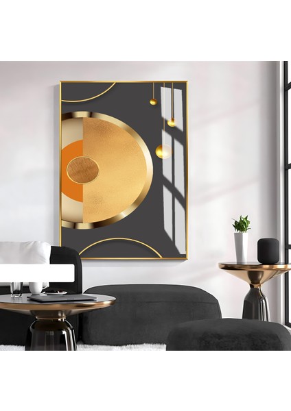 Harikabirev| Gold-Turuncu Soyut Model 1 |çerçeveli Temperli Cam Tablo Tekli Dikey