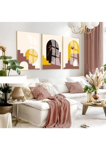 Harikabirev|krem-Sarı-Siyah Minimalist Bohem Yapraklı Seti |çerçeveli Cam Tablo 3lü Dikey