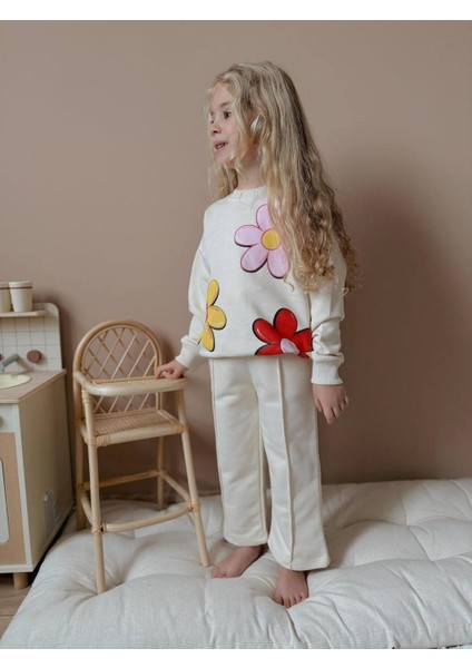 Yigit Butik Çiçek Baskılı Ispanyol Paça Kız Çocuk Alt Üst Takım