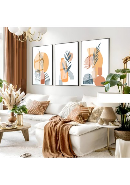 Harikabirev|lacivert-Krem Bohem Çiçek Seti |çerçeveli Cam Tablo 3lü Dikey