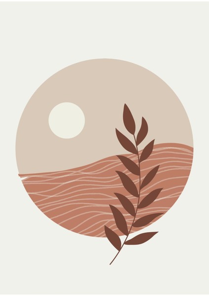 Harikabirev|soft Renkler Minimalist Yaprak-Ay Manzara Kombini|çerçeveli Cam Tablo 3lü Dikey