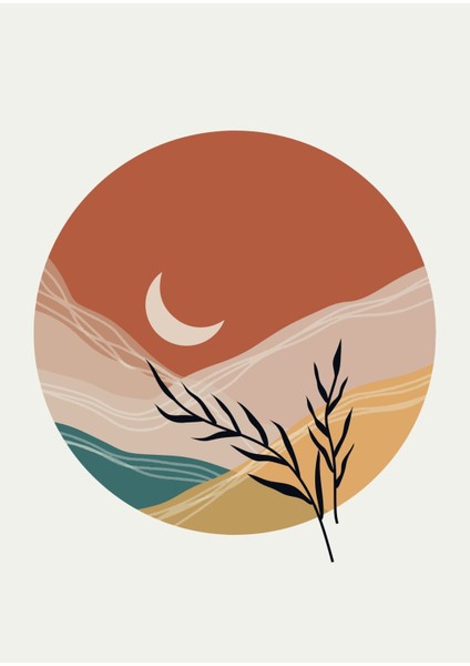 Harikabirev|soft Renkler Minimalist Yaprak-Ay Manzara Kombini|çerçeveli Cam Tablo 3lü Dikey