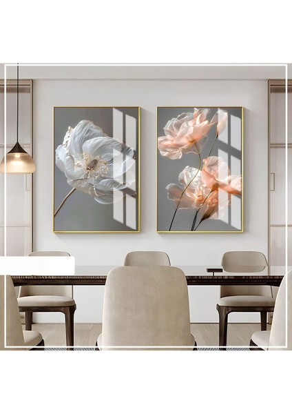 Harikabirev|özel Soft Çiçek Kombini Antrasit Gri 1|çerçeveli Cam Tablo 2li Dikey