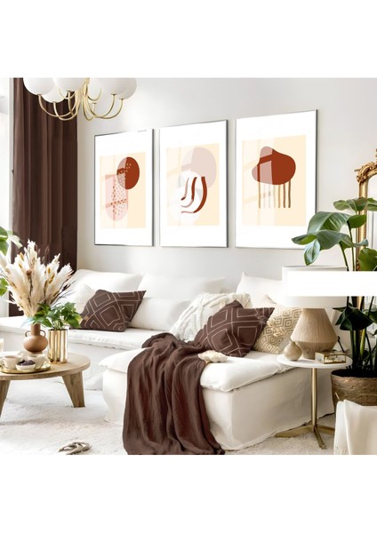 Harikabirev|krem-Kahverengi Minimalist Bohem Seti 02|çerçeveli Cam Tablo 3lü Dikey