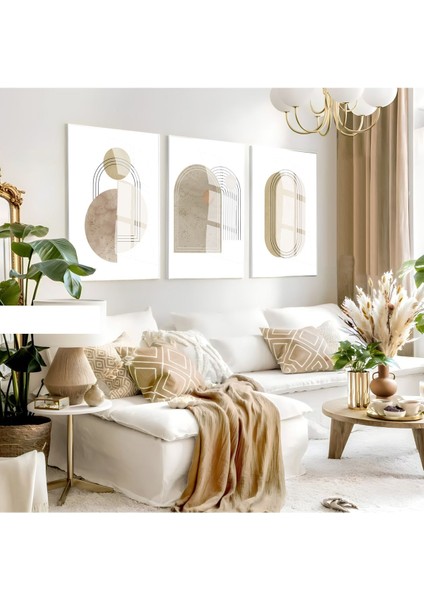 Harikabirev|bej-Krem Beyaz Renk Minimalist Bohem Seti 39|çerçeveli Cam Tablo 3lü Dikey