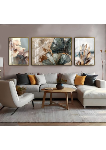 Harikabirev|krem-Siyah-Gold Sevilen Çiçek Yaprak Kombini|çerçeveli Temperli Cam Tablo 3lü Yatay