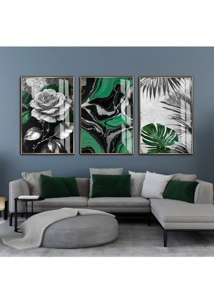 Harikabirev|yeşil-Gri Soyut Yapraklı Gül Kombini|çerçeveli Cam Tablo 3lü Dikey