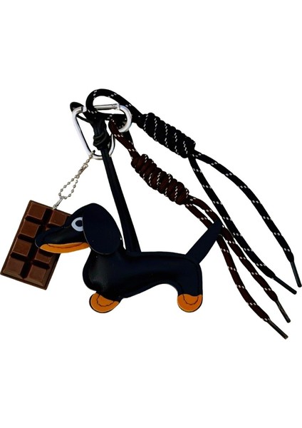 Siyah Deri Köpek Figürlü Çikolata Detaylı Çanta Süsü