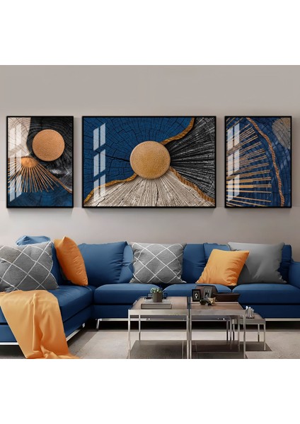 Harikabirev|bronz-Lacivert Sevilen Soyut Kombini 1|çerçeveli Temperli Cam Tablo 3lü Yatay