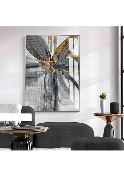 Harikabirev|gold-Gri Çiçek Desenli Soyut Model 1|çerçeveli Temperli Cam Tablo Tekli Dikey