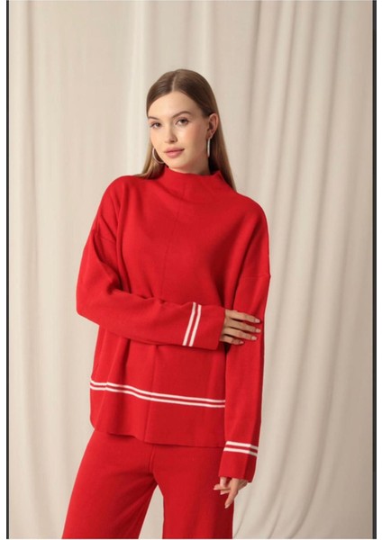 Kadın Çizgili Balıkçı Yaka Pantolonlu Triko Takım Kırmızı Oversize modelleri