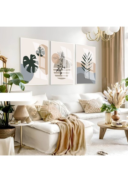 Harikabirev|soft Renkler Yapraklı Bohem Seti 006 |çerçeveli Cam Tablo 3lü Dikey