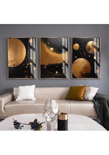 |siyah-Gold Ay Desenli Soyut Kombini |çerçeveli Cam Tablo 3lü Dikey