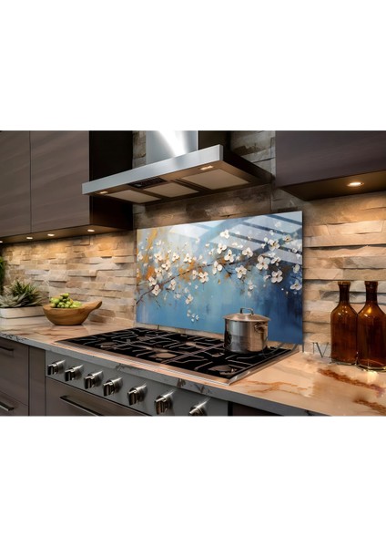 |lacivert-Gold Çiçek Motifli |ısıya Dayanıklı Ocak Arkası Cam