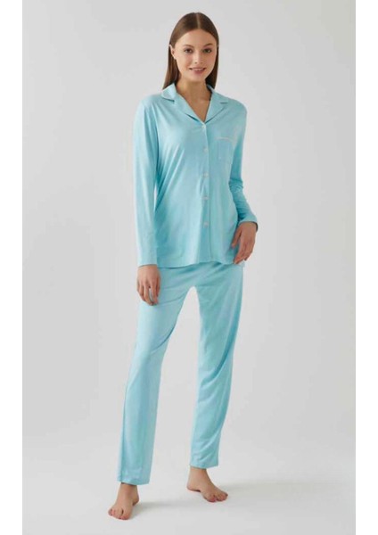 Kadın Uzun Kol Önden Düğmeli Düz Renk %100 Pamuk Pijama Takımı