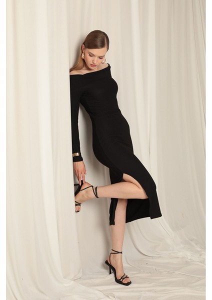 Kadın Ottoman Kumaş Madonna Yaka Straplez Yırtmaçlı Elbise