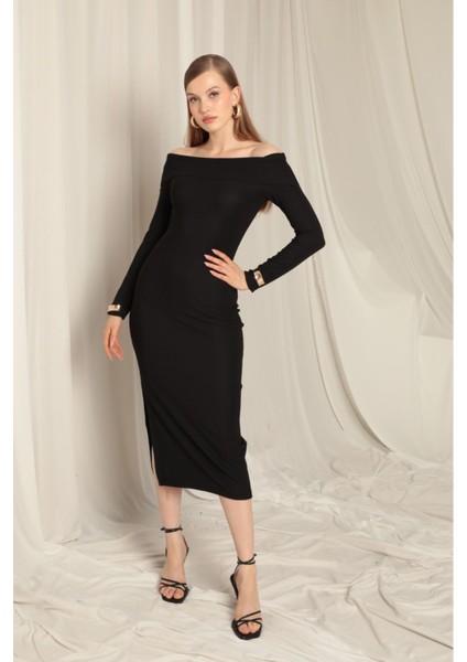 Kadın Ottoman Kumaş Madonna Yaka Straplez Yırtmaçlı Elbise fiyatları