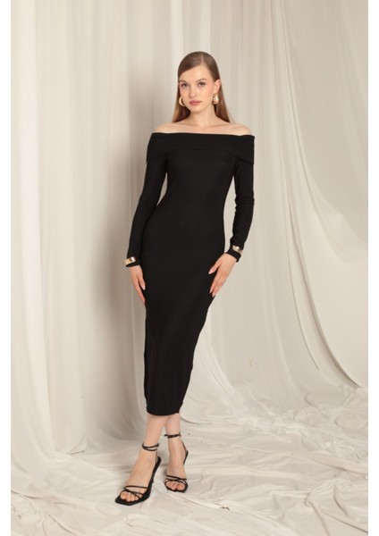 Kadın Ottoman Kumaş Madonna Yaka Straplez Yırtmaçlı Elbise fırsatları