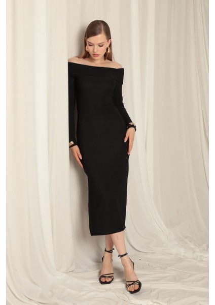 Kadın Ottoman Kumaş Madonna Yaka Straplez Yırtmaçlı Elbise indirimleri