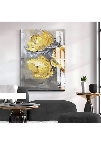 |soft Gri-Sarı Gül Desenli Model 2|çerçeveli Temperli Cam Tablo Tekli Dikey
