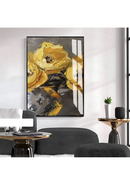 |soft Gri-Sarı Gül Desenli Model 1|çerçeveli Temperli Cam Tablo Tekli Dikey