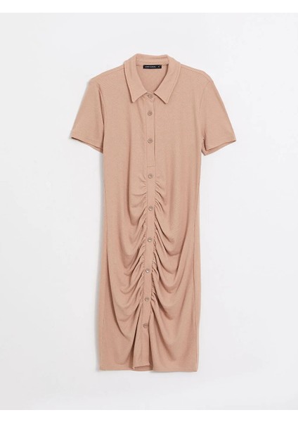Lcw Vision Açık Kahverengi Polo Yaka Düz Kısa Kollu Kadın Bodycon Elbise modelleri