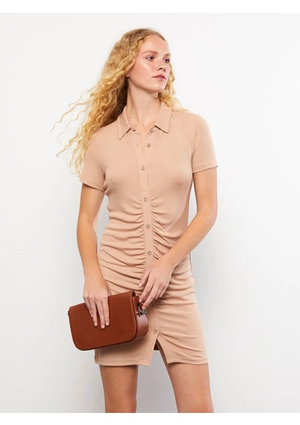 Lcw Vision Açık Kahverengi Polo Yaka Düz Kısa Kollu Kadın Bodycon Elbise indirimleri