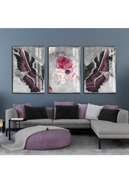 |gri-Mürdüm Çiçek Kanat Kombini |çerçeveli Cam Tablo 3lü Dikey