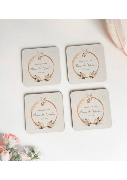 Kişiye Özel Nişan, Düğün Özel Gün Temalı Ahşap Bardak Altlığı 50 Adet modelleri