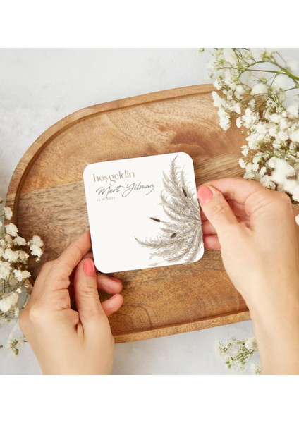 Kişiye Özel Pampas Çiçeği Temalı Hoş Geldin Bebek Temalı Bardak Altlığı-24 Adet fiyatları