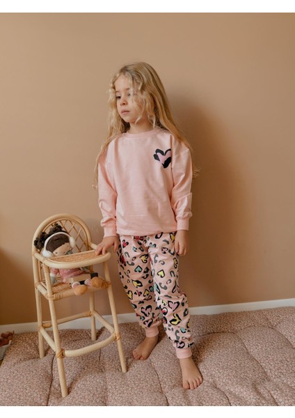 Pembe Leopar Baskılı 2 Iplikli Kız Çocuk Alt Üst Sweatshirt Takım