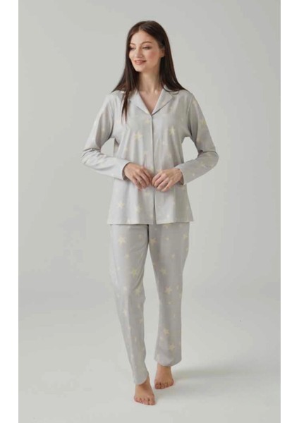 Kadın Uzun Kol Önden Düğmeli %100 Pamuk Pijama Takımı
