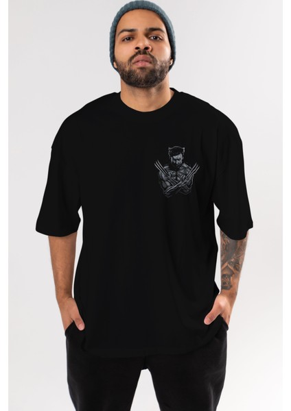 Wolverine Ön Sol Baskılı Oversize T-Shirt Erkek Kadın Unisex Pamuk Bisiklet Yaka Tişort