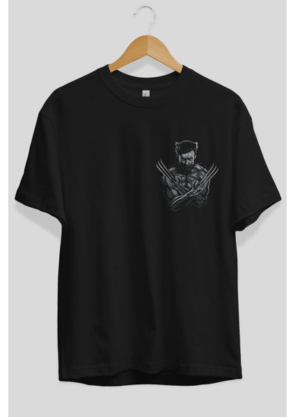 Wolverine Ön Sol Baskılı Oversize T-Shirt Erkek Kadın Unisex Pamuk Bisiklet Yaka Tişort