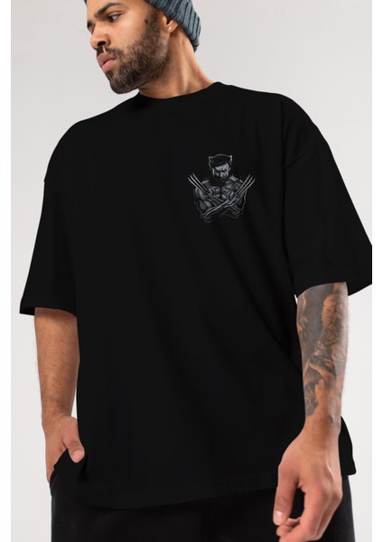 Wolverine Ön Sol Baskılı Oversize T-Shirt Erkek Kadın Unisex Pamuk Bisiklet Yaka Tişort