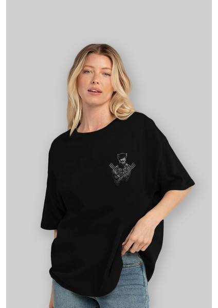 Wolverine Ön Sol Baskılı Oversize T-Shirt Erkek Kadın Unisex Pamuk Bisiklet Yaka Tişort