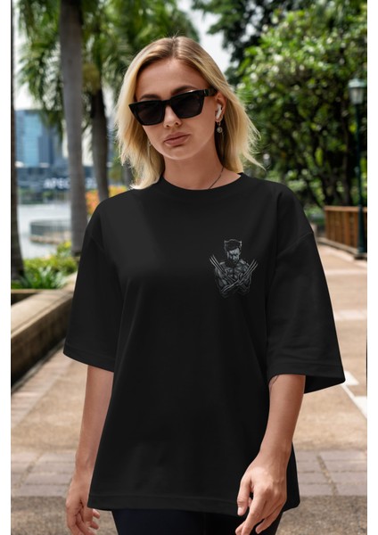 Wolverine Ön Sol Baskılı Oversize T-Shirt Erkek Kadın Unisex Pamuk Bisiklet Yaka Tişort