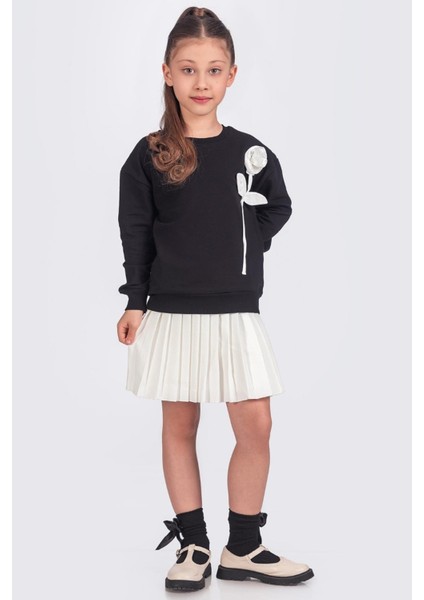 Pileli Şort Etek & Gül Dekorlu Sweatshirt Kız Çocuk Takım - Siyah