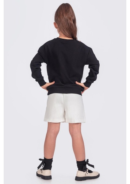 Pileli Şort Etek & Gül Dekorlu Sweatshirt Kız Çocuk Takım - Siyah fiyatları