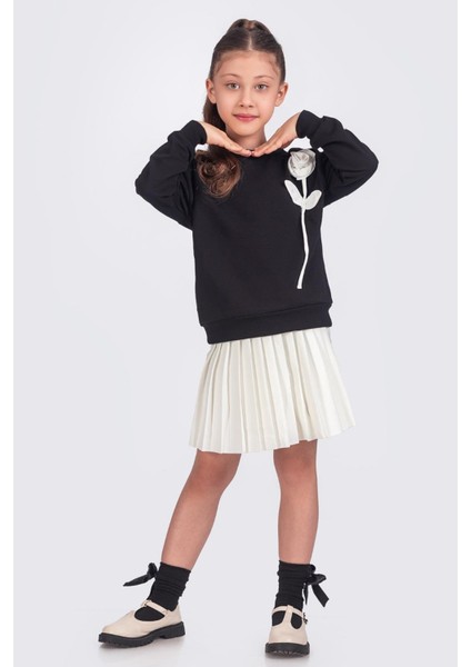 Pileli Şort Etek & Gül Dekorlu Sweatshirt Kız Çocuk Takım - Siyah modelleri