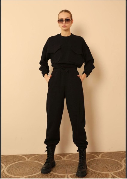 Kadın Kapitone Kumaş Oversize Cepli Beli Lastikli Sweatshirt