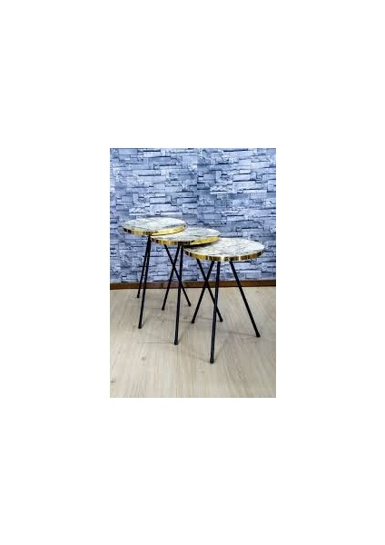 Zigon Sehpa 3'lü Altın Efes Siyah Metal Ayak