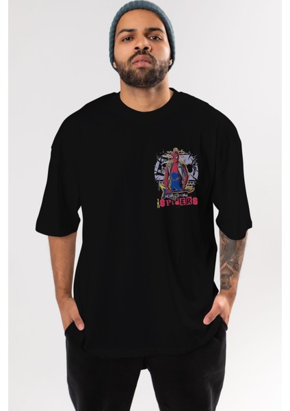 Spiderman Rock Ön Sol Baskılı Oversize T-Shirt Erkek Kadın Unisex Pamuk Bisiklet Yaka Tişort
