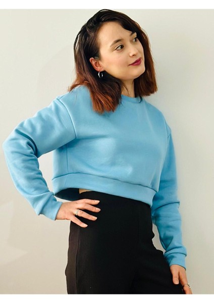 Kadın Oversize Polarlı Düşük Kol Crop Sweatshirt