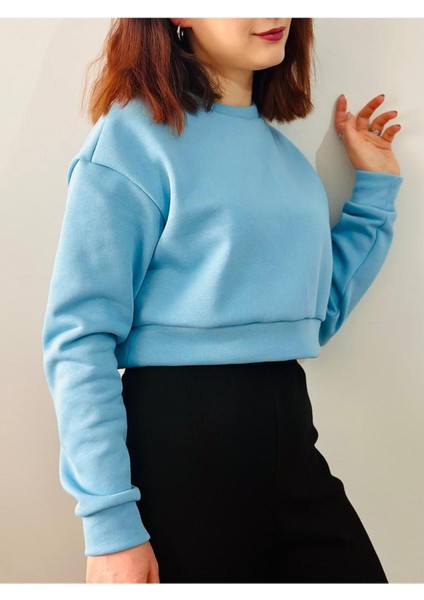 Kadın Oversize Polarlı Düşük Kol Crop Sweatshirt