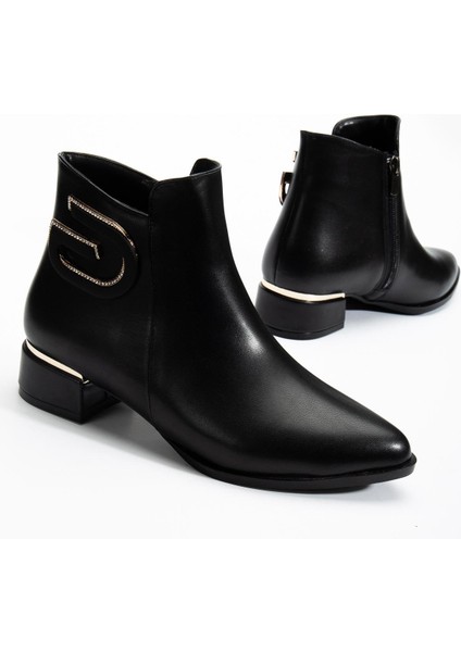 Kadın Kısa Topuklu Bot Siyah Taşlı Tokalı Bağsız